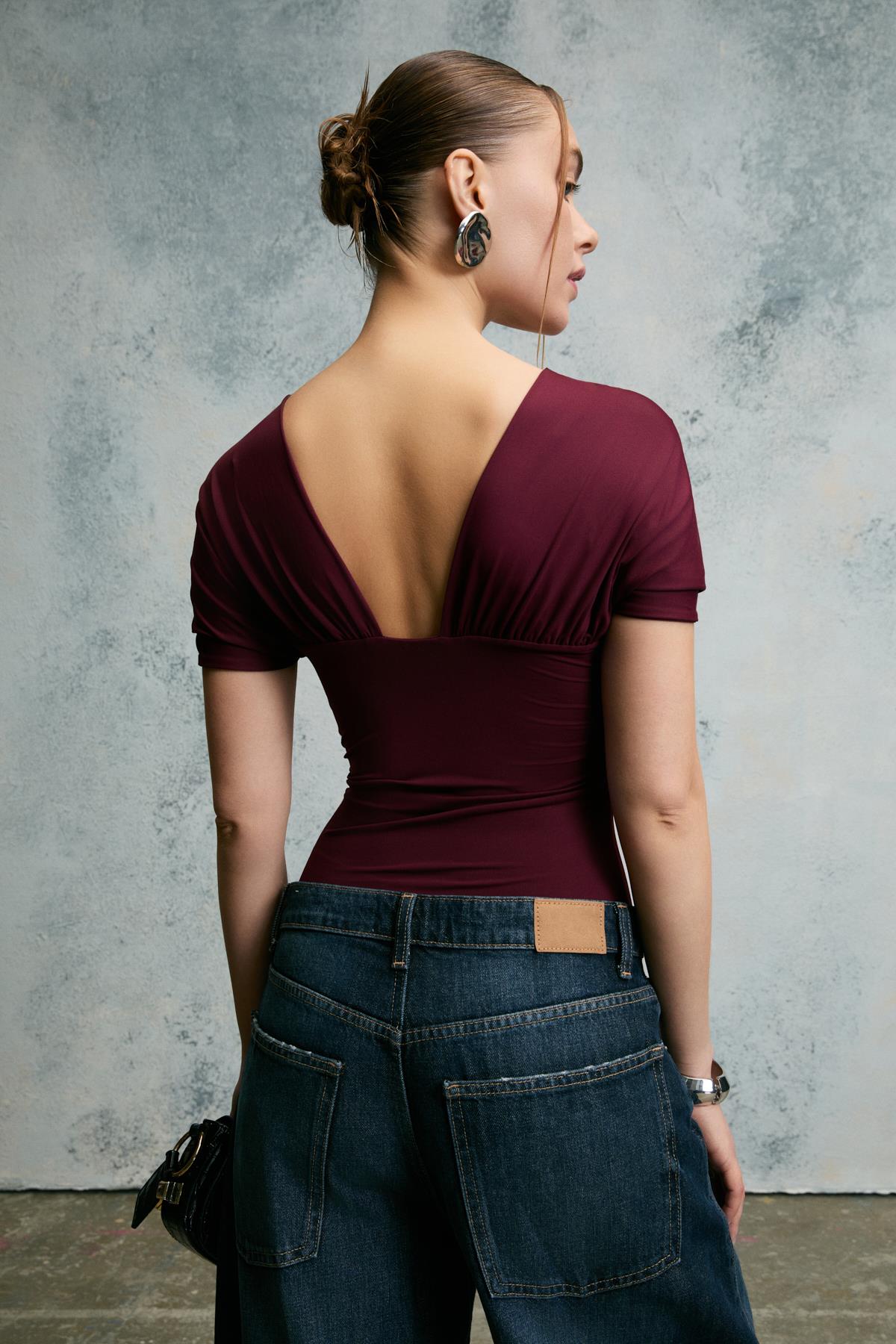 Damen V-Ausschnitt Bluse Schnalle