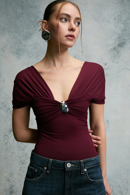 Damen V-Ausschnitt Bluse Schnalle