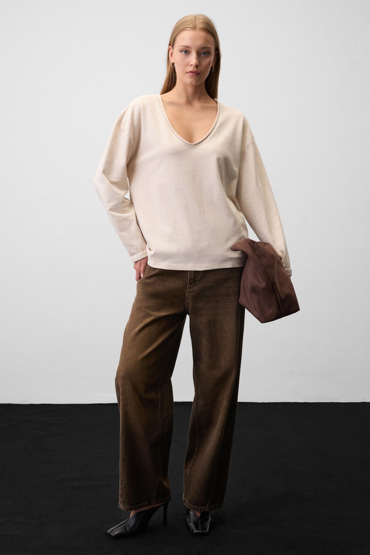 GRIMELANGE BASIL Damen Oversize-Bluse V-Ausschnitt Beige