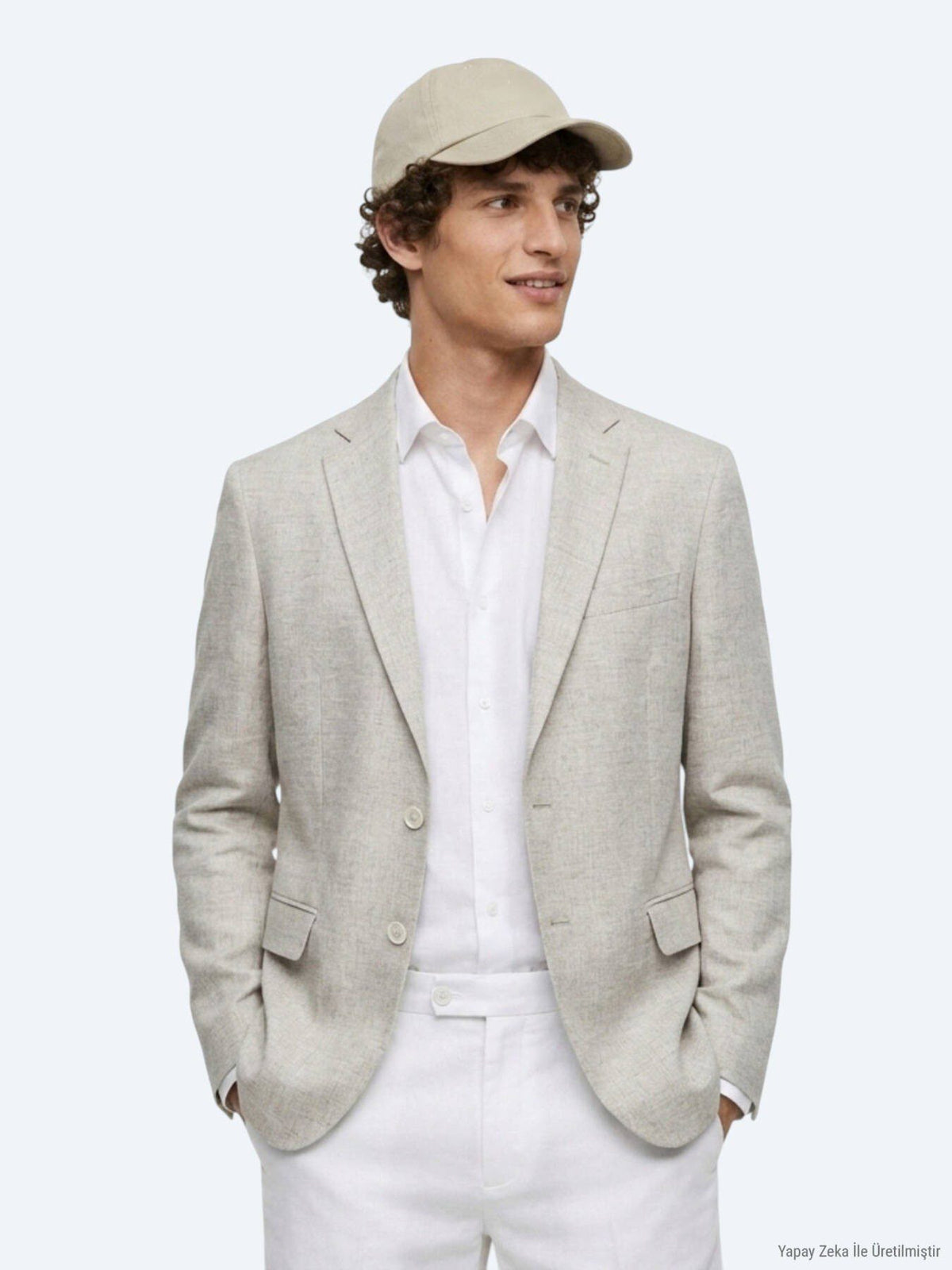 Beige Gemusterte Leinenjacke Modern Fit