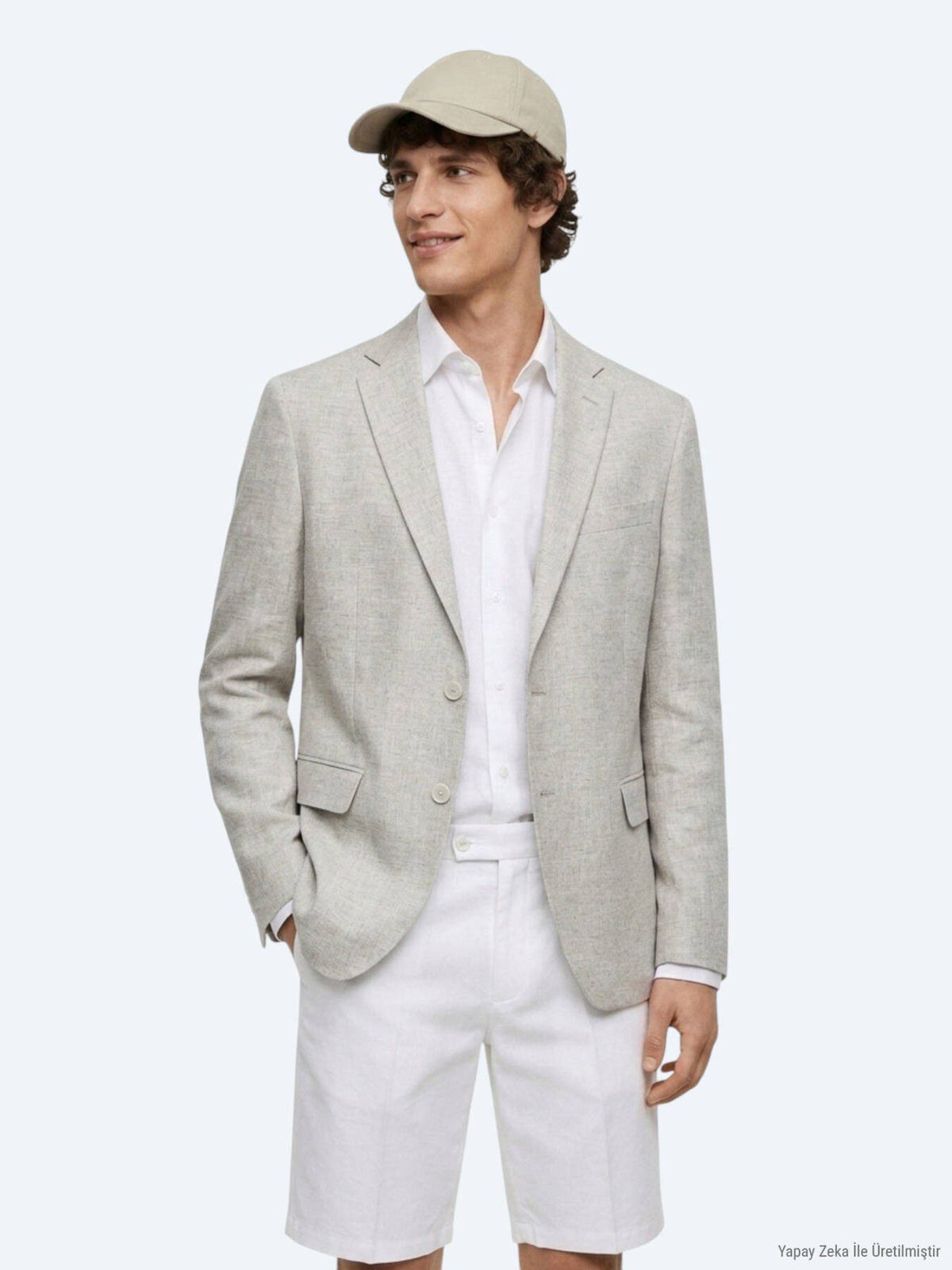 Beige Gemusterte Leinenjacke Modern Fit