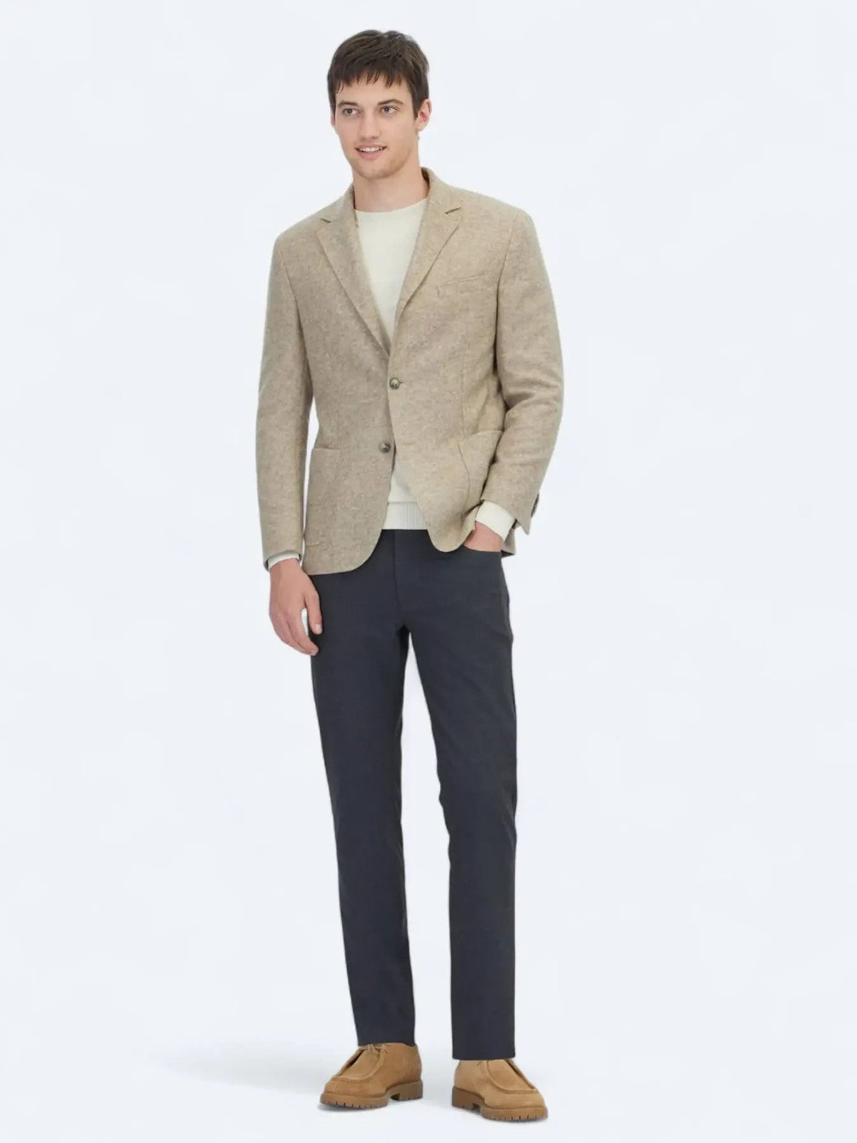 Beige gemusterte moderne Passform Wollmischjacke