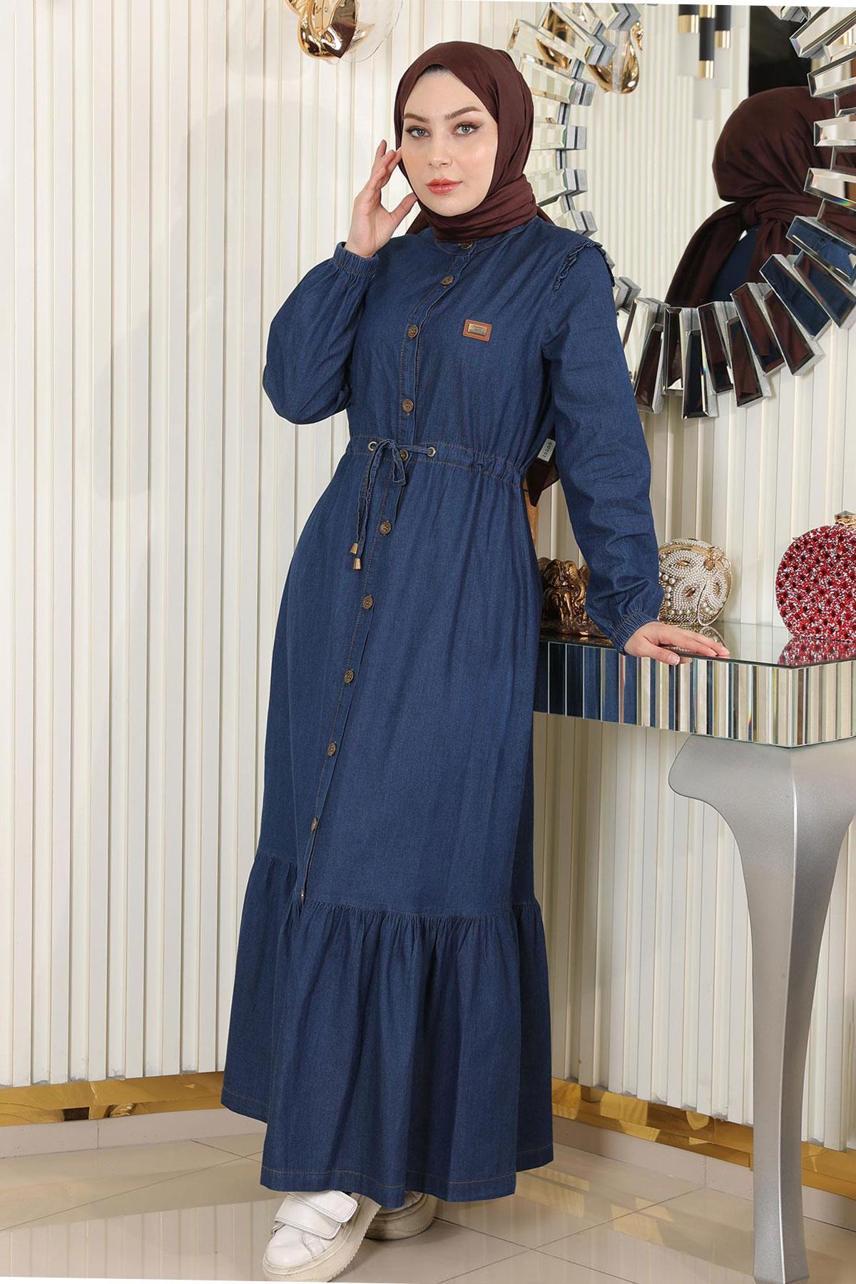Geknöpftes Jeanskleid mit Spitzentaille