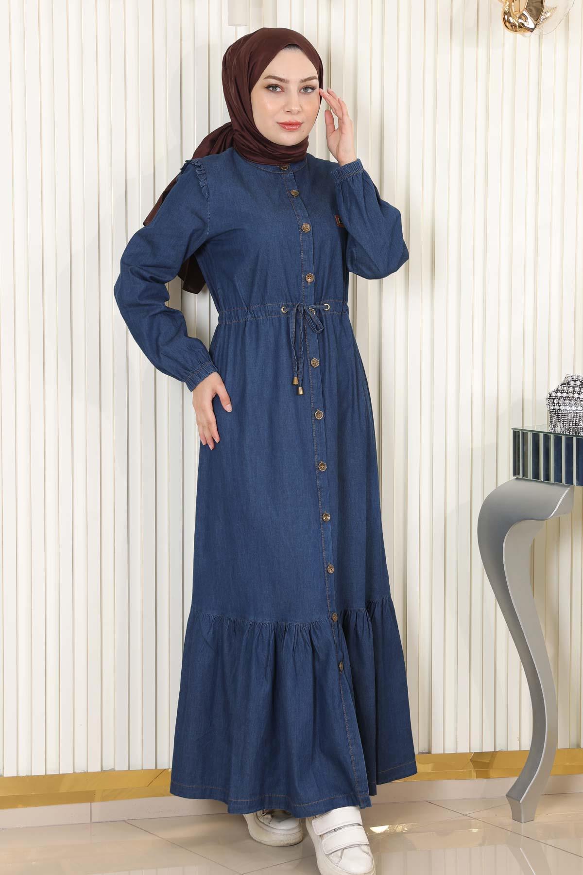 Geknöpftes Jeanskleid mit Spitzentaille
