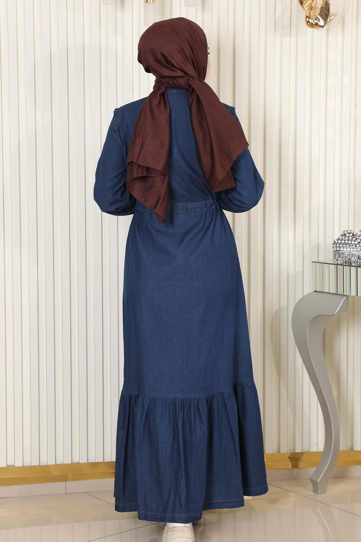 Geknöpftes Jeanskleid mit Spitzentaille