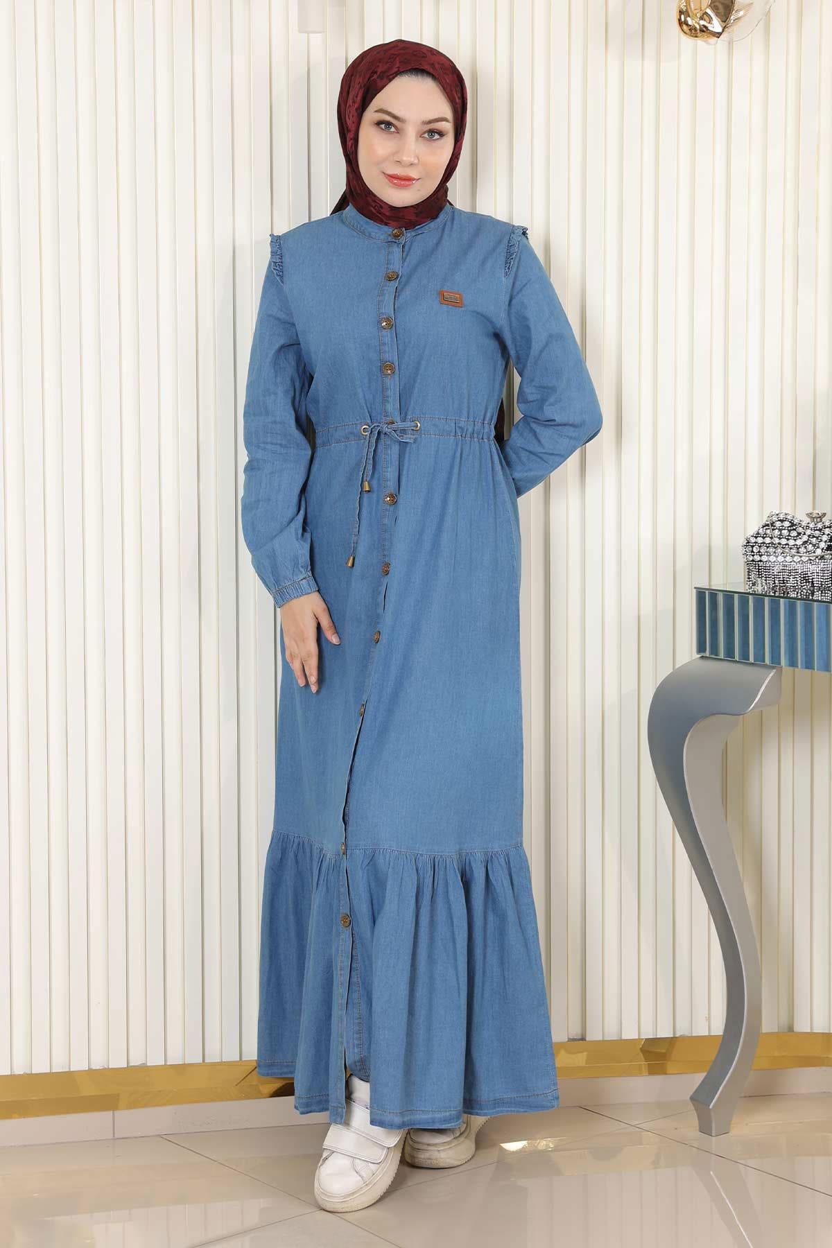 Geknöpftes Jeanskleid mit Spitzentaille