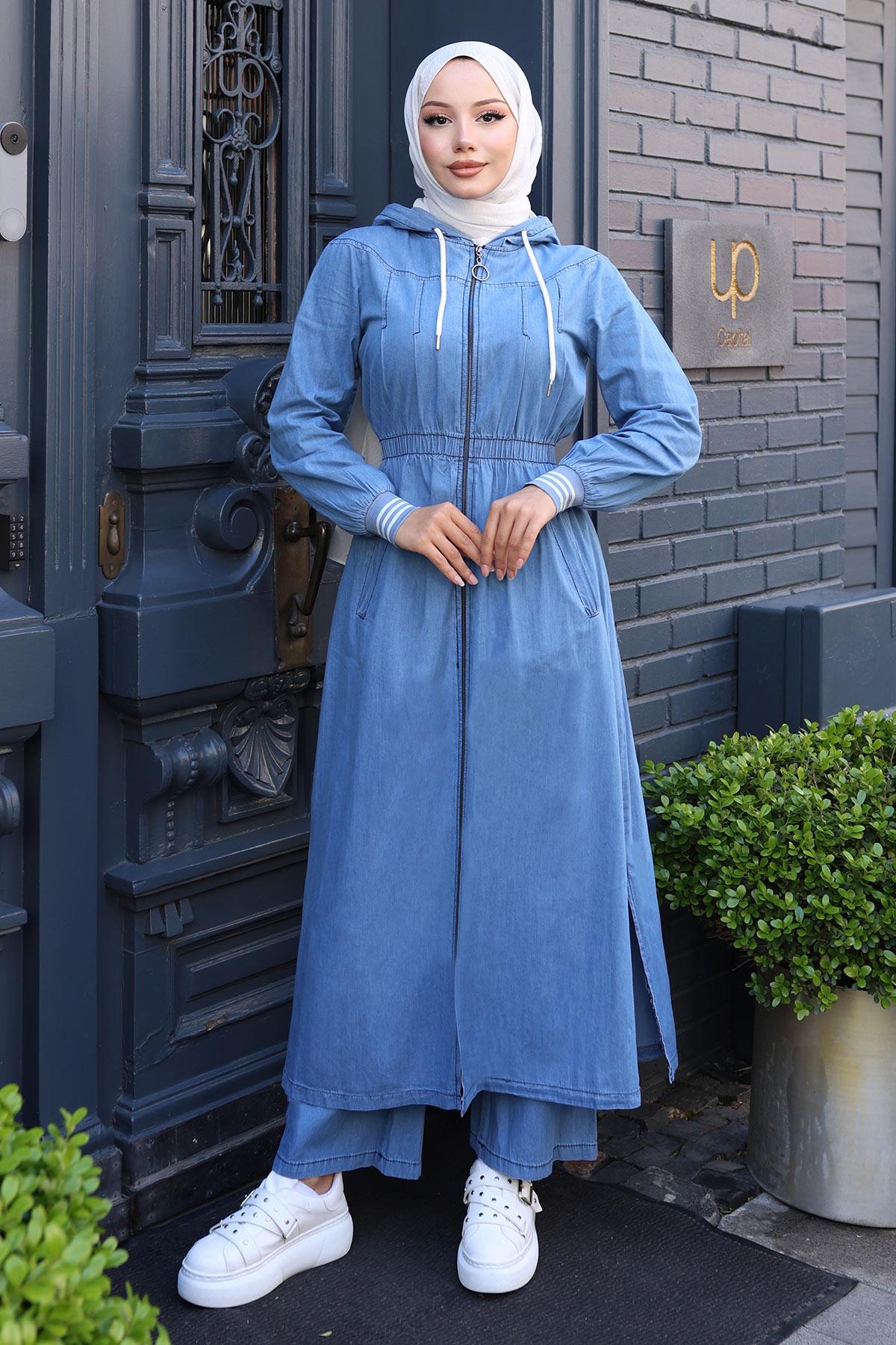 Blaue Denim Kapuzenelastische Jeans-Set MSW19370-1