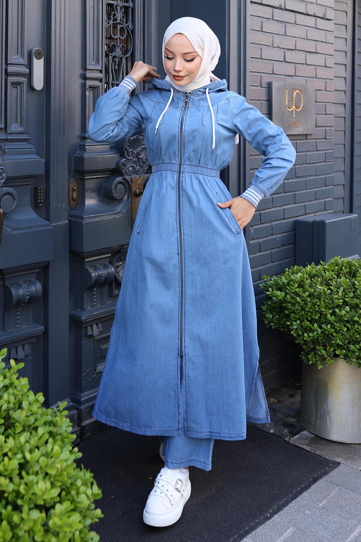 Blaue Denim Kapuzenelastische Jeans-Set MSW19370-1