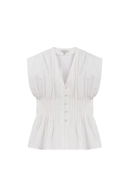 Ärmellose Bluse mit plissiertem Taillendetail, ecru.