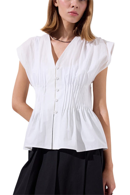 Ärmellose Bluse mit plissiertem Taillendetail, ecru.