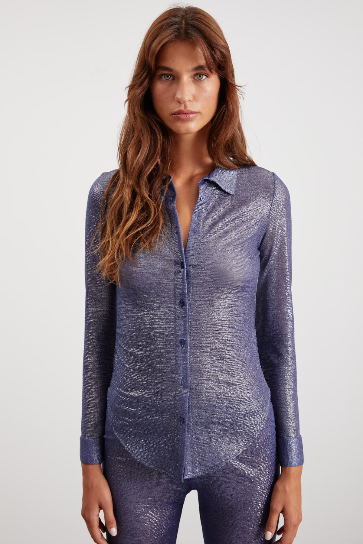 ETHIQUET Damen Slim Fit Glänzende Bluse Indigo