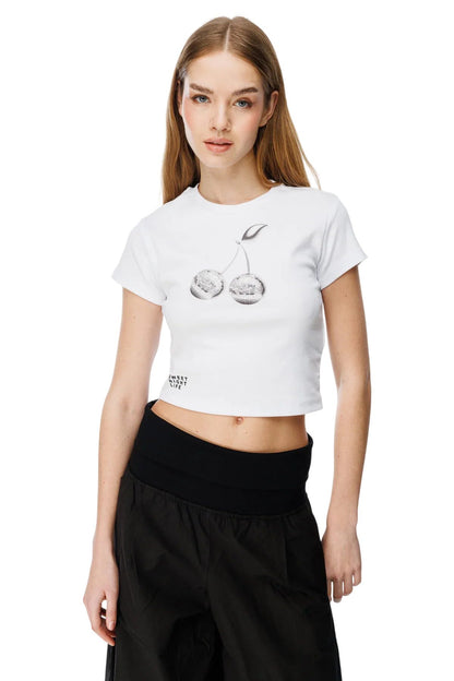Bedrucktes Crop-T-Shirt mit Fahrradausschnitt
