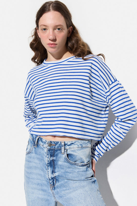 Oversize-Crop-Bluse mit Rundhalsausschnitt