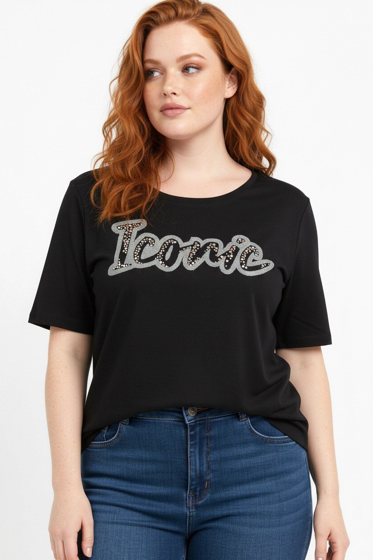 Steinverzierte Rundhals-T-Shirt