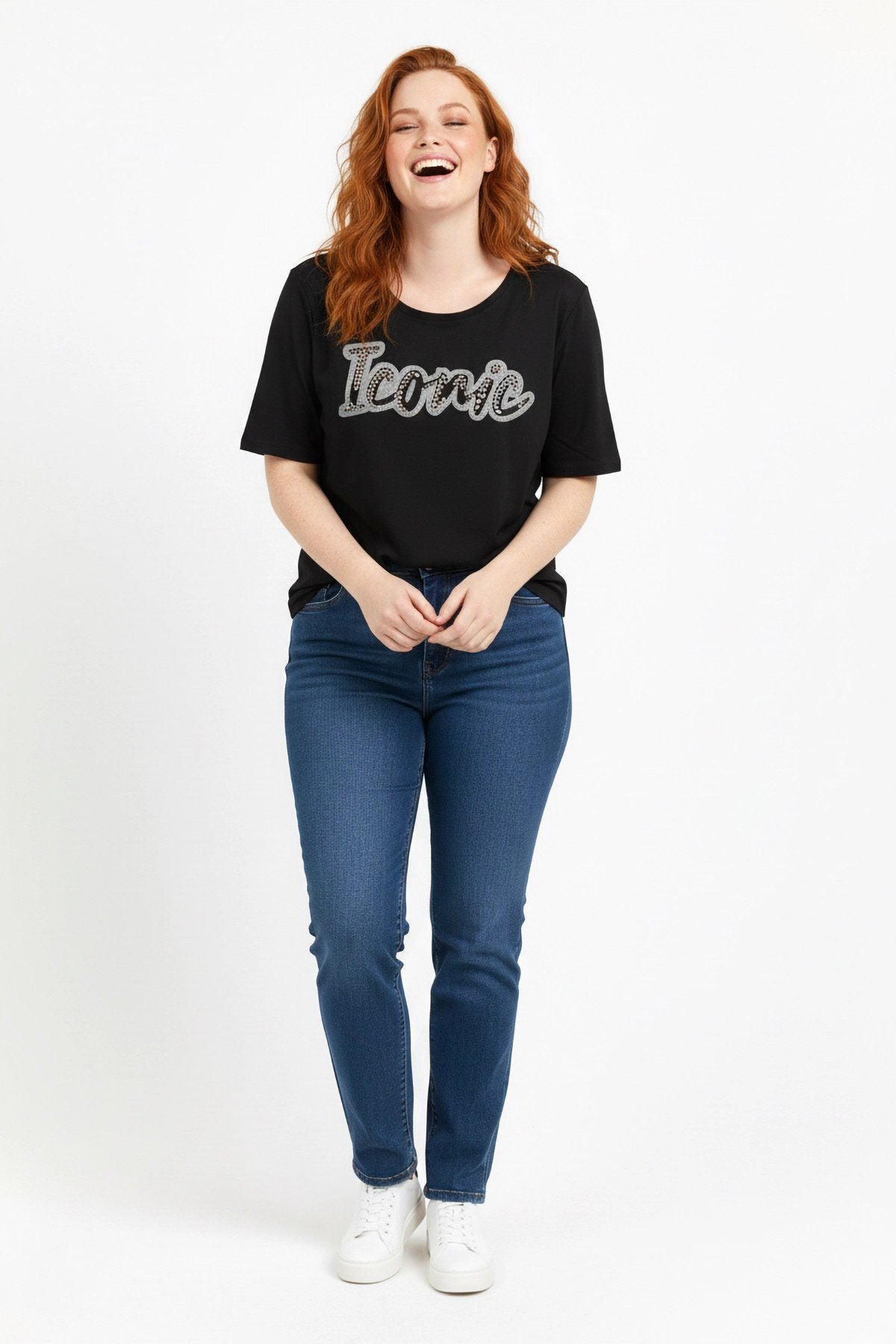 Steinverzierte Rundhals-T-Shirt