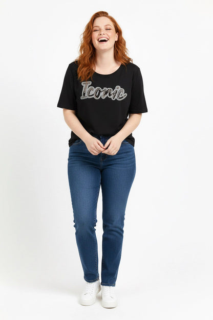 Steinverzierte Rundhals-T-Shirt