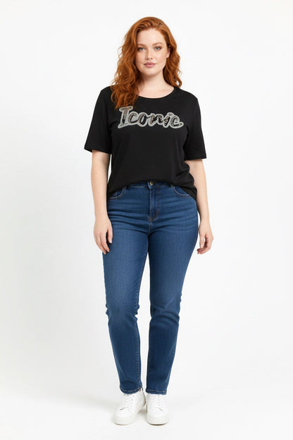 Steinverzierte Rundhals-T-Shirt