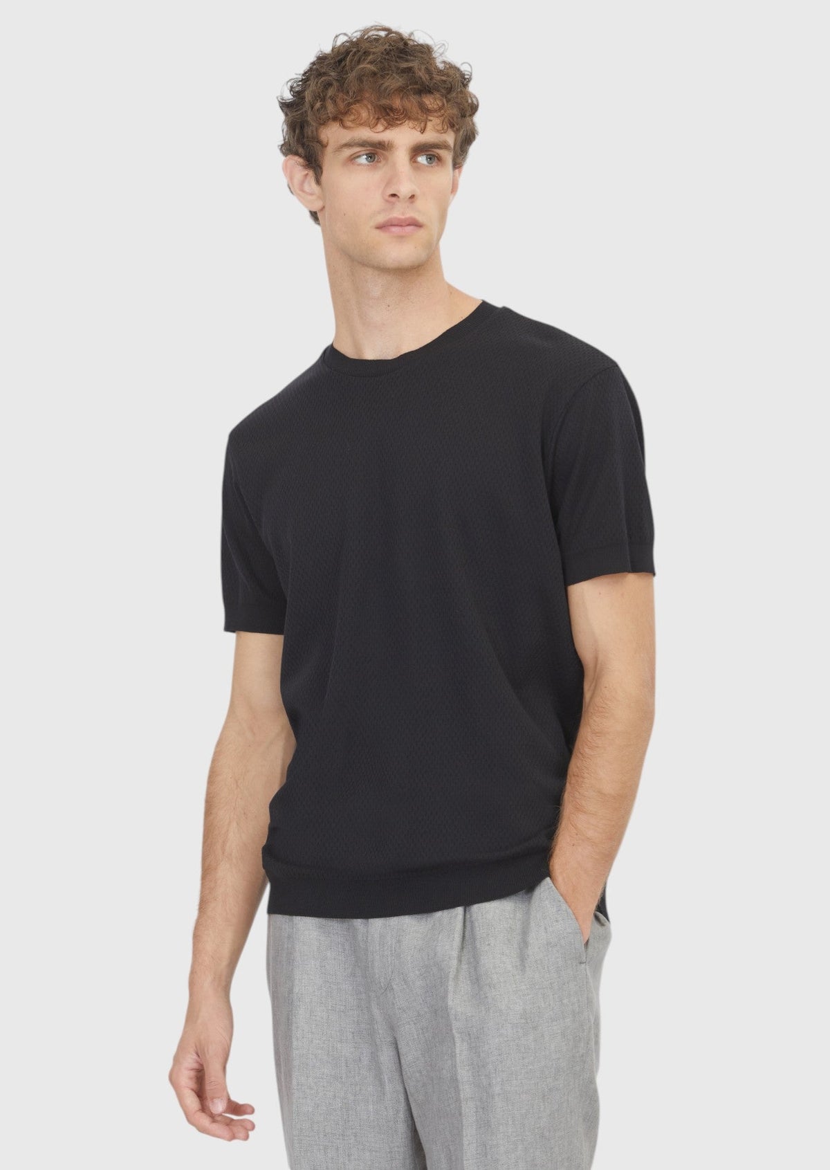 Ramsey Schwarzes Jacquard T-Shirt 100% Baumwolle Siyah