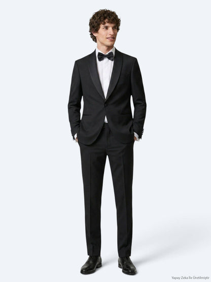 Schwarzer Modern Fit Smoking mit Schalkragen