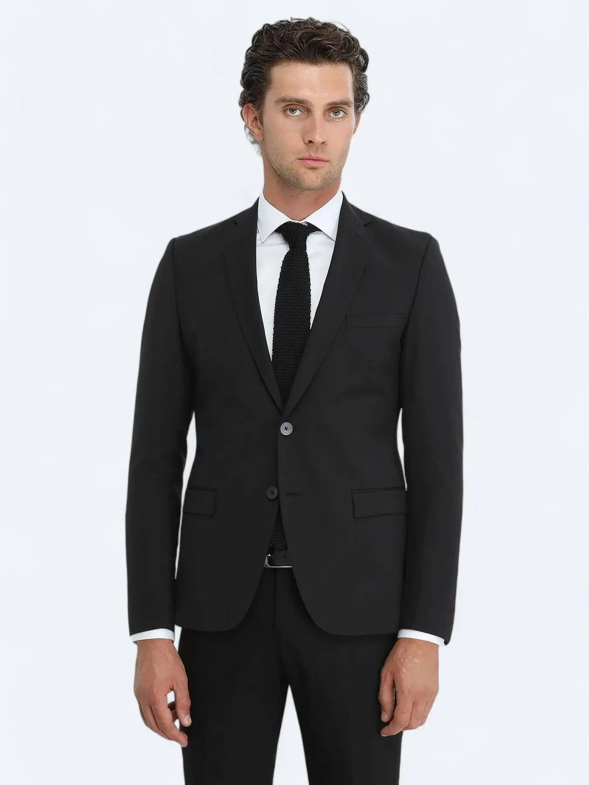 Schwarzer, schlichter Slim-Fit-Anzug aus Wollmischung
