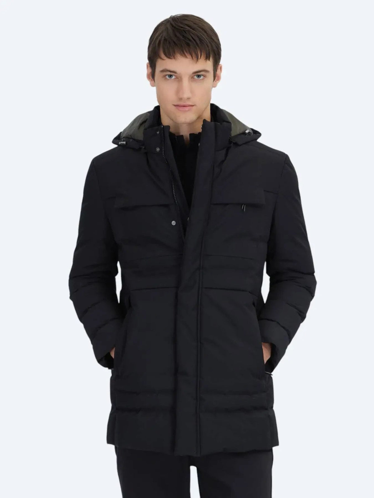 Schwarzer Regular Fit Kapuzen Casual Webmantel
