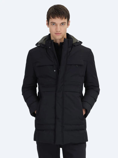 Schwarzer Regular Fit Kapuzen Casual Webmantel