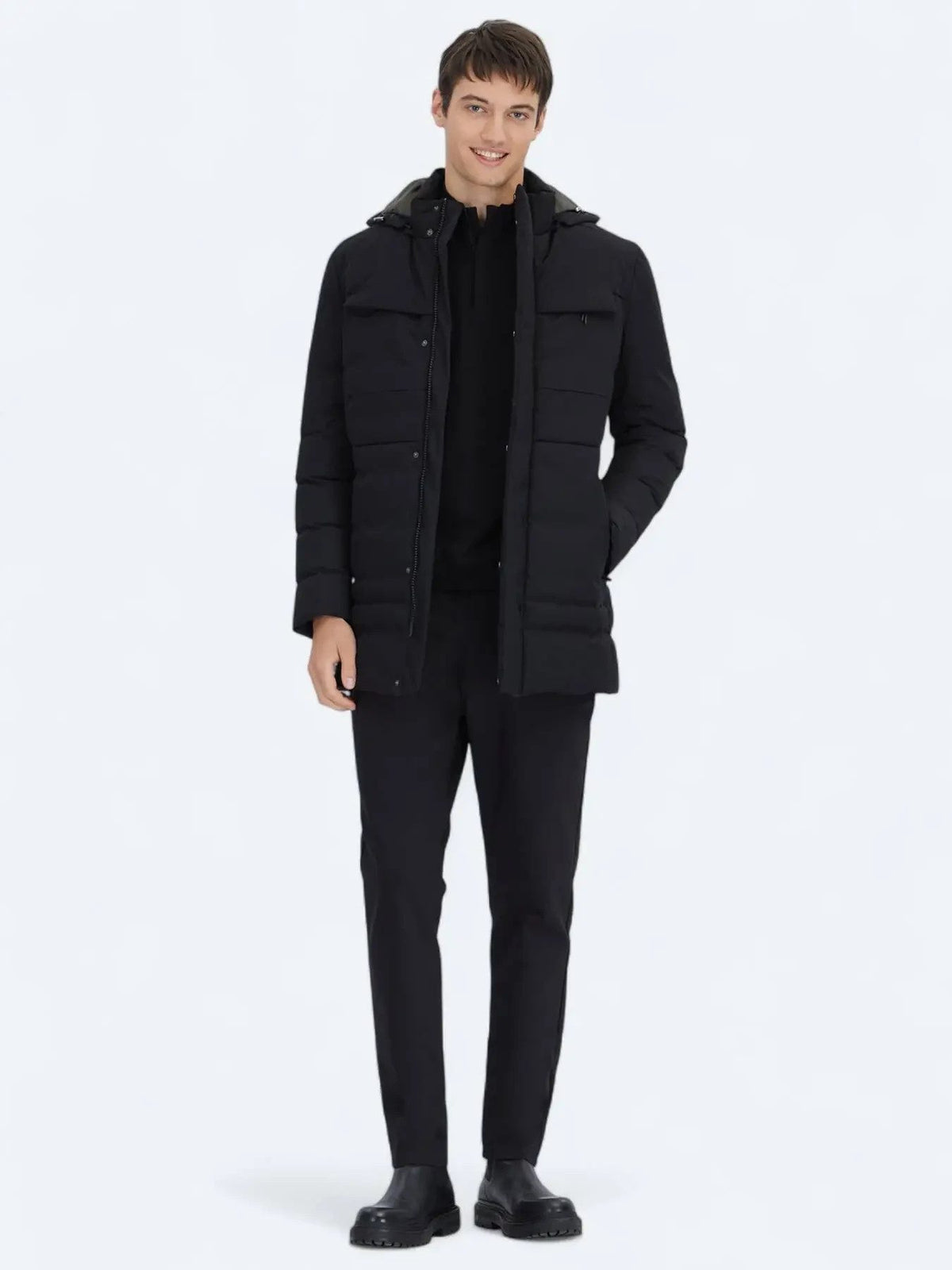 Schwarzer Regular Fit Kapuzen Casual Webmantel