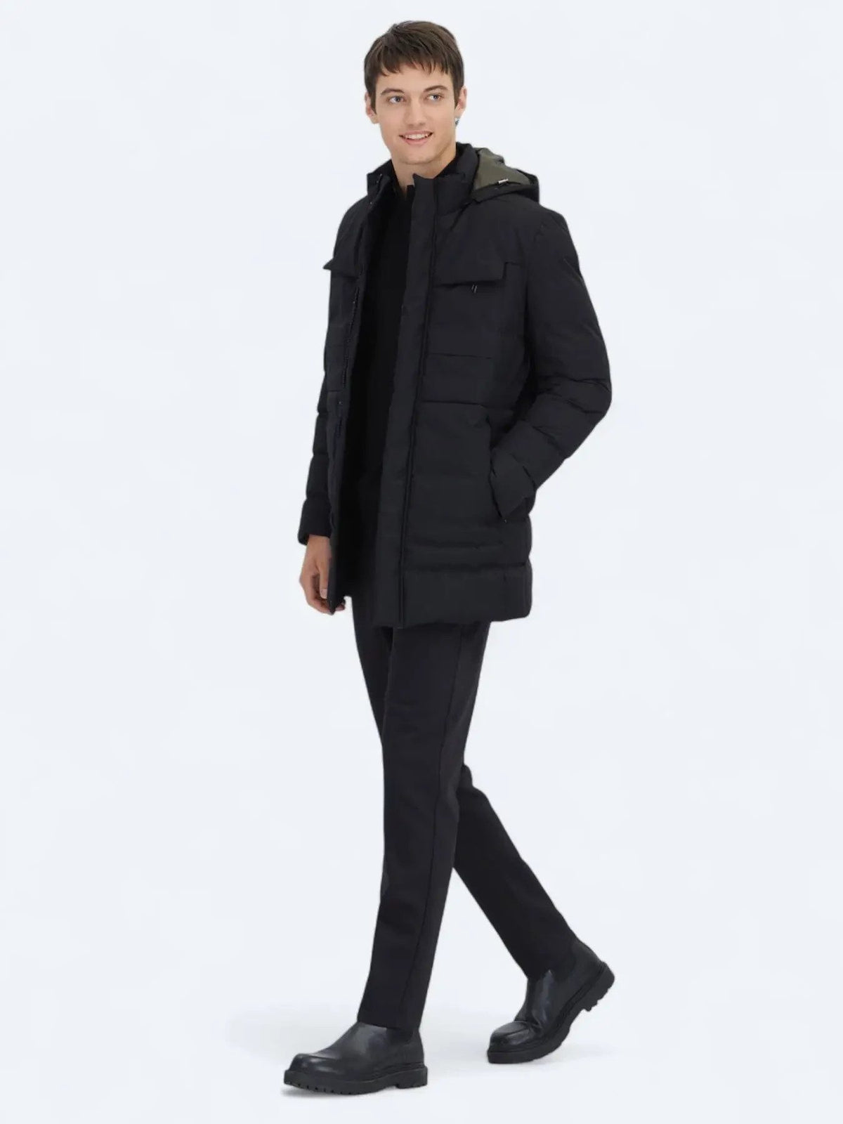 Schwarzer Regular Fit Kapuzen Casual Webmantel