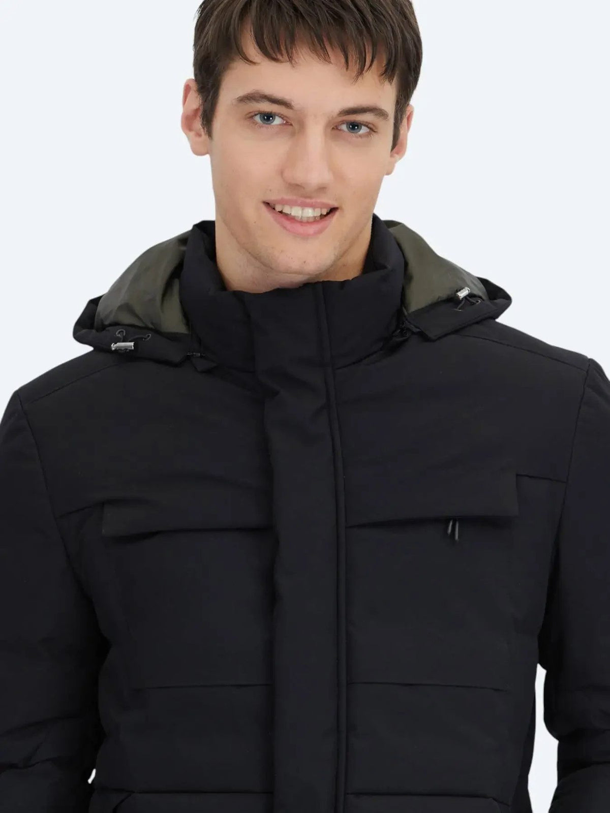 Schwarzer Regular Fit Kapuzen Casual Webmantel