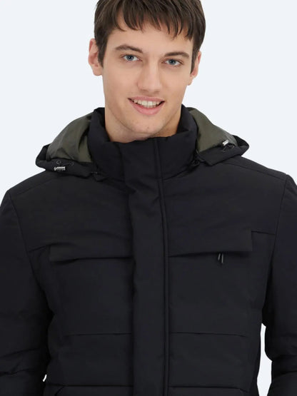 Schwarzer Regular Fit Kapuzen Casual Webmantel