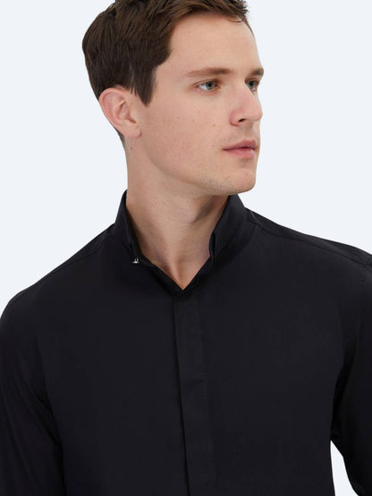 Schwarzes Regular Fit Baumwollhemd