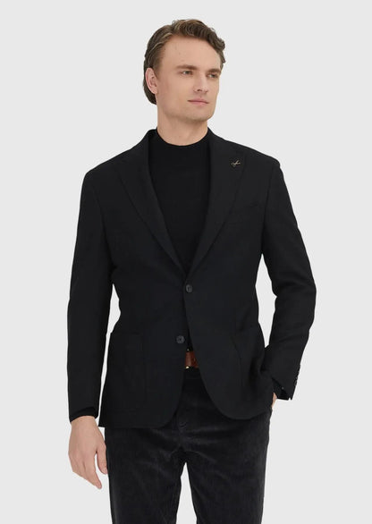 Schwarze, schmal geschnittene Jacke aus Wollmischgewebe mit Hemdkragen