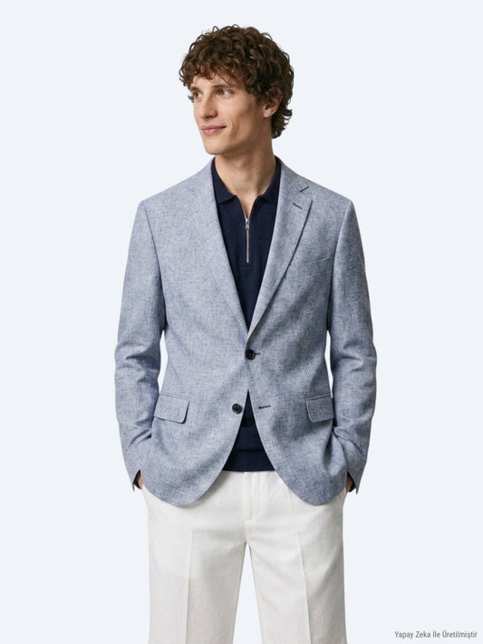 Blau gemusterte Leinenjacke Regular Fit