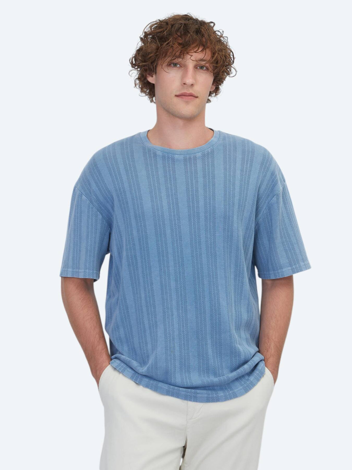 Blau Gestreiftes 100% Baumwoll T-Shirt