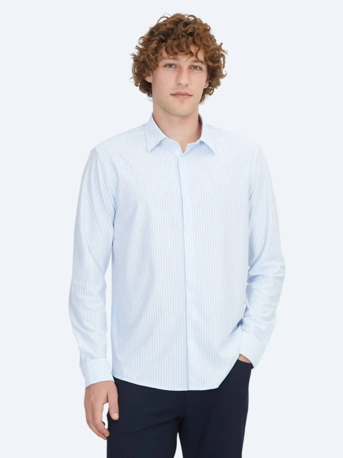 Blau Gestreiftes Regular Fit Strick Sport Baumwollmischung Hemd