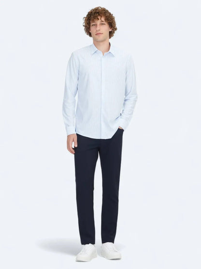 Blau Gestreiftes Regular Fit Strick Sport Baumwollmischung Hemd