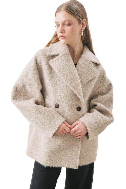 BOUCLE-DOPPELREIHENMANTEL, SCHWARZ