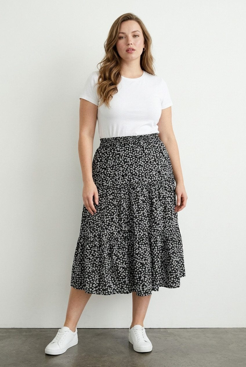 Plus Size Elastischer Bund Faltenrock Blumen