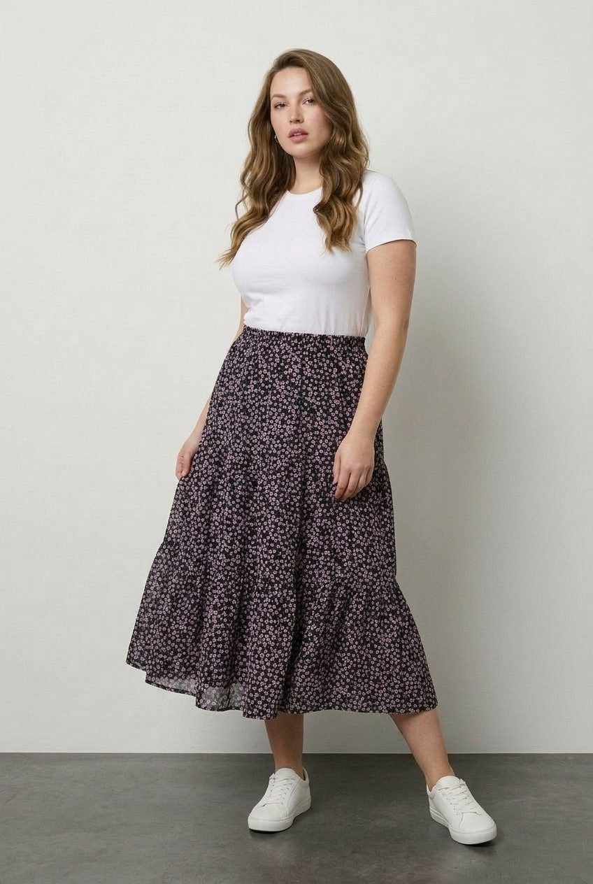 Plus Size Elastischer Bund Faltenrock Blumen