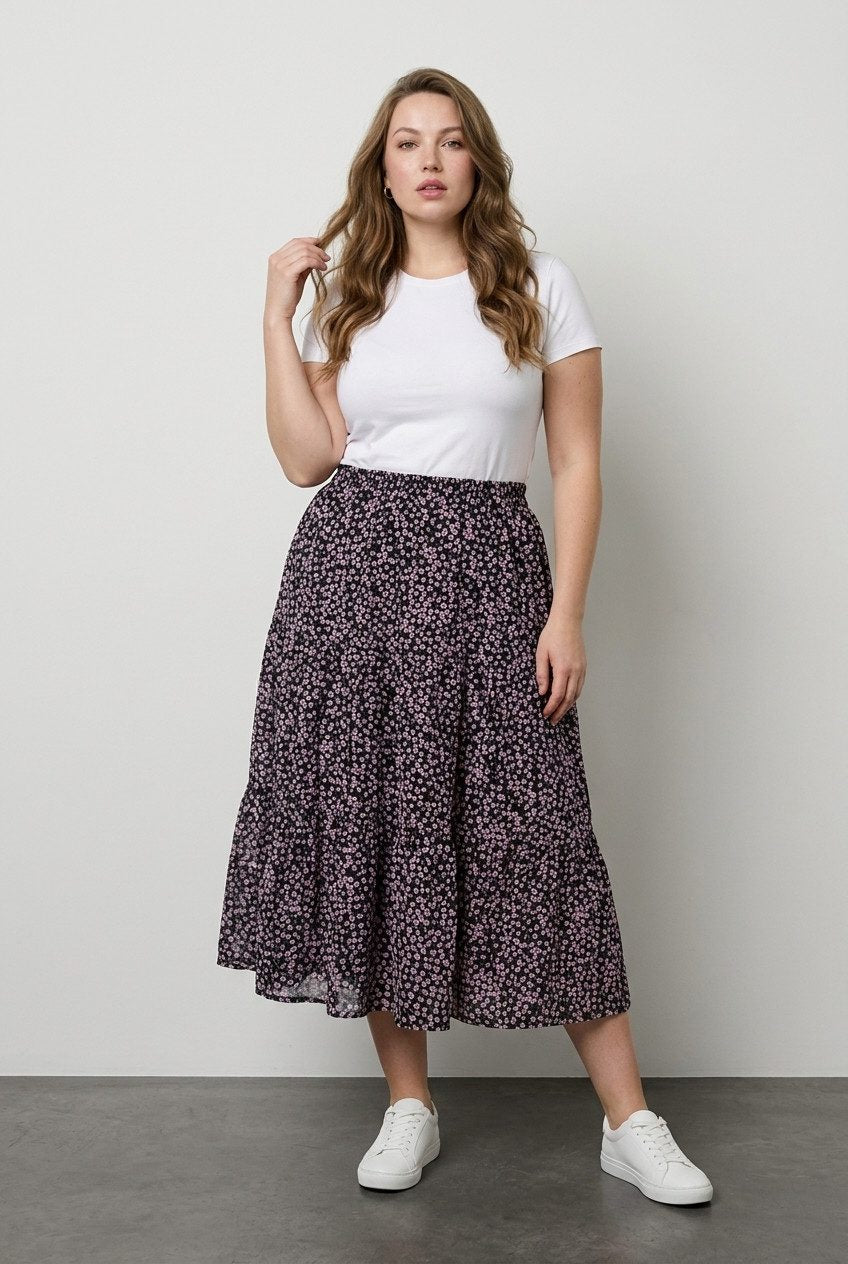 Plus Size Elastischer Bund Faltenrock Blumen
