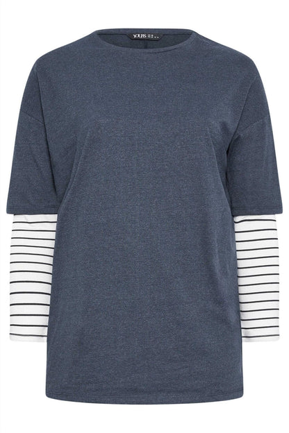 Doppellagiges T-Shirt in Übergröße mit Rundhalsausschnitt und gestreiften Ärmeln