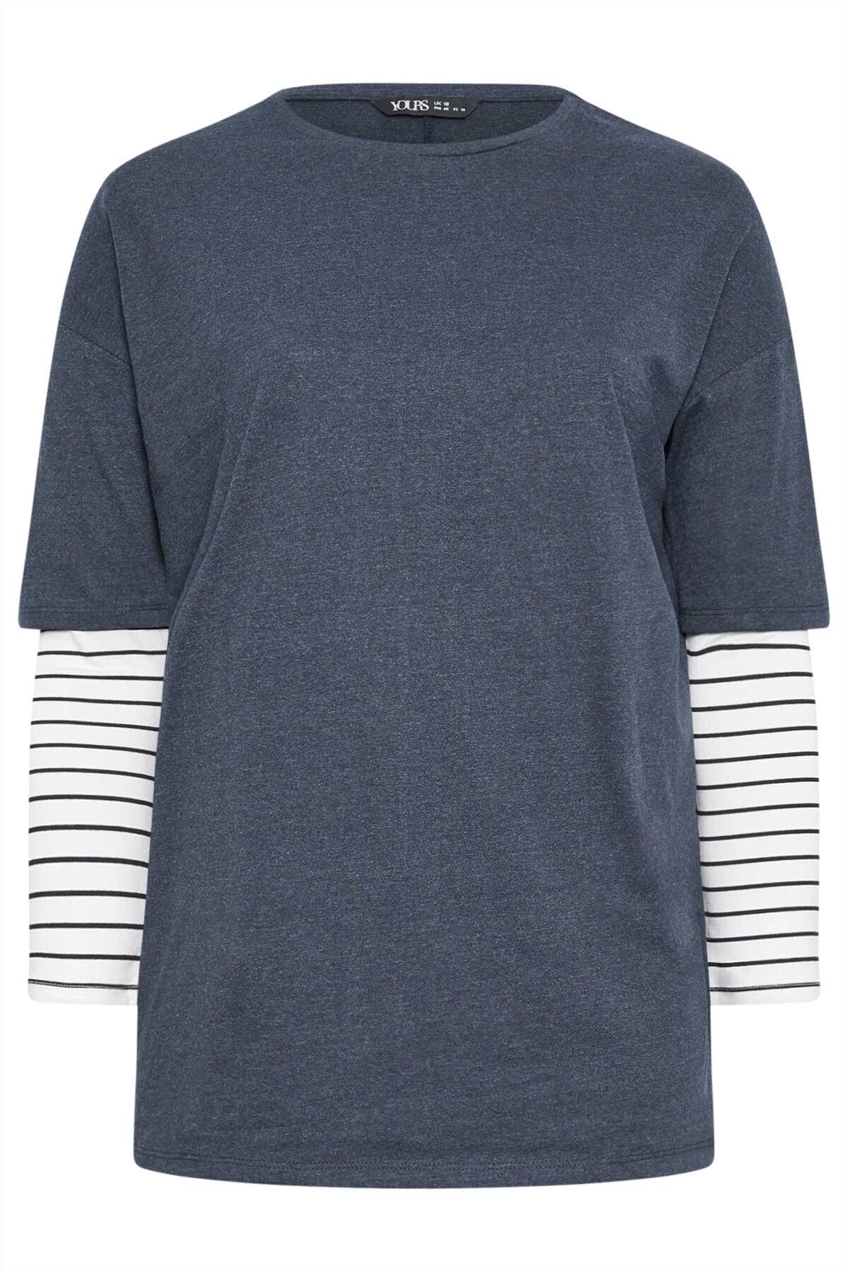 Doppellagiges T-Shirt in Übergröße mit Rundhalsausschnitt und gestreiften Ärmeln