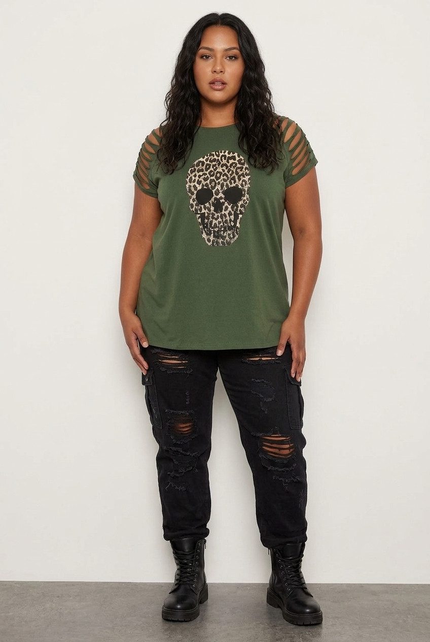 Plus Size Totenkopf Druck T-Shirt mit Detail