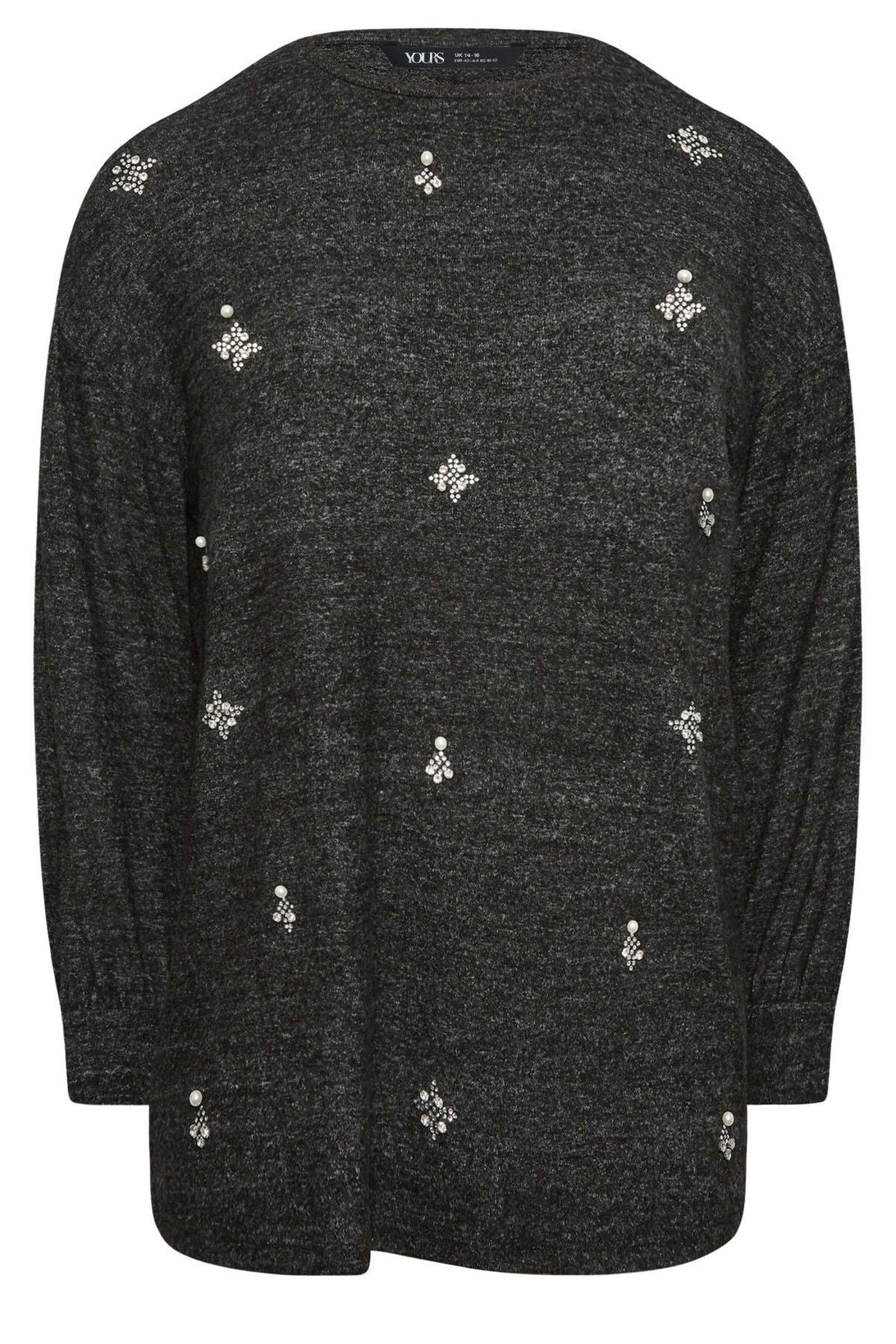 Plus-Size-Bluse mit Rundhalsausschnitt, langen Ärmeln und Strassverzierungen