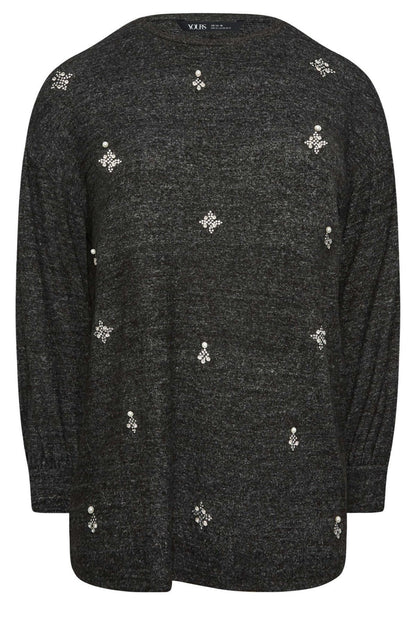 Plus-Size-Bluse mit Rundhalsausschnitt, langen Ärmeln und Strassverzierungen