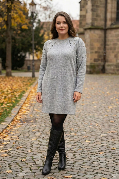 Plus Size Rundhals-Langarm-Plüschtunika mit Perlenbesatz und langen Ärmeln