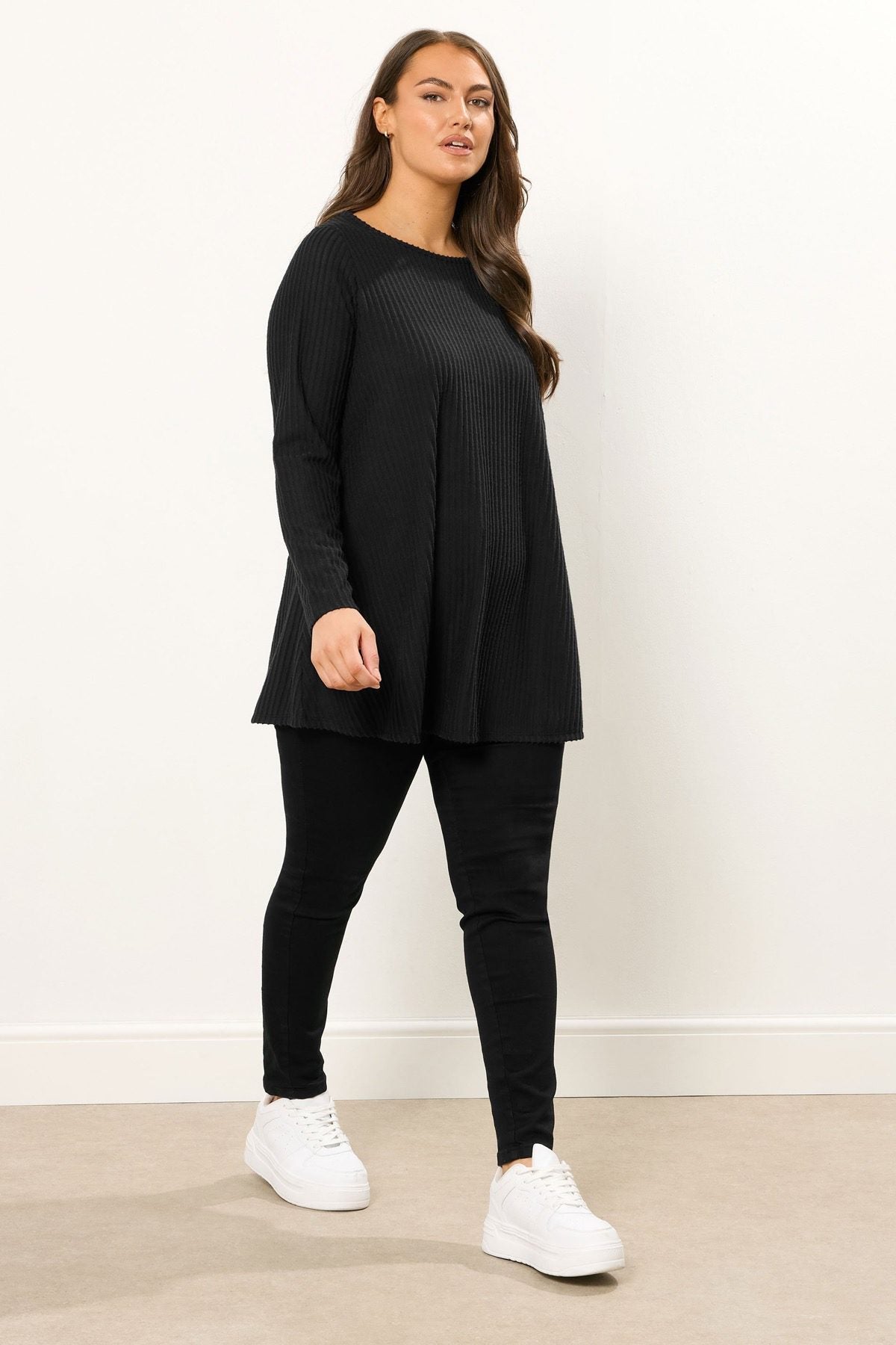 Plus Size Rundhals Langarm-Rippstrick-T-Shirt