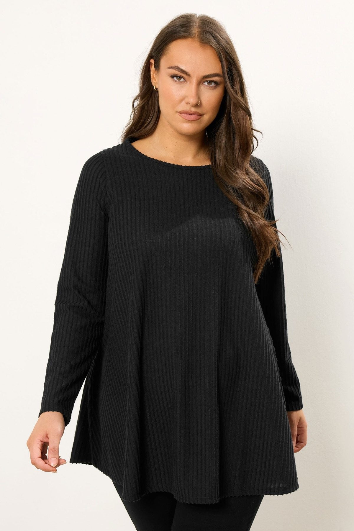 Plus Size Rundhals Langarm-Rippstrick-T-Shirt
