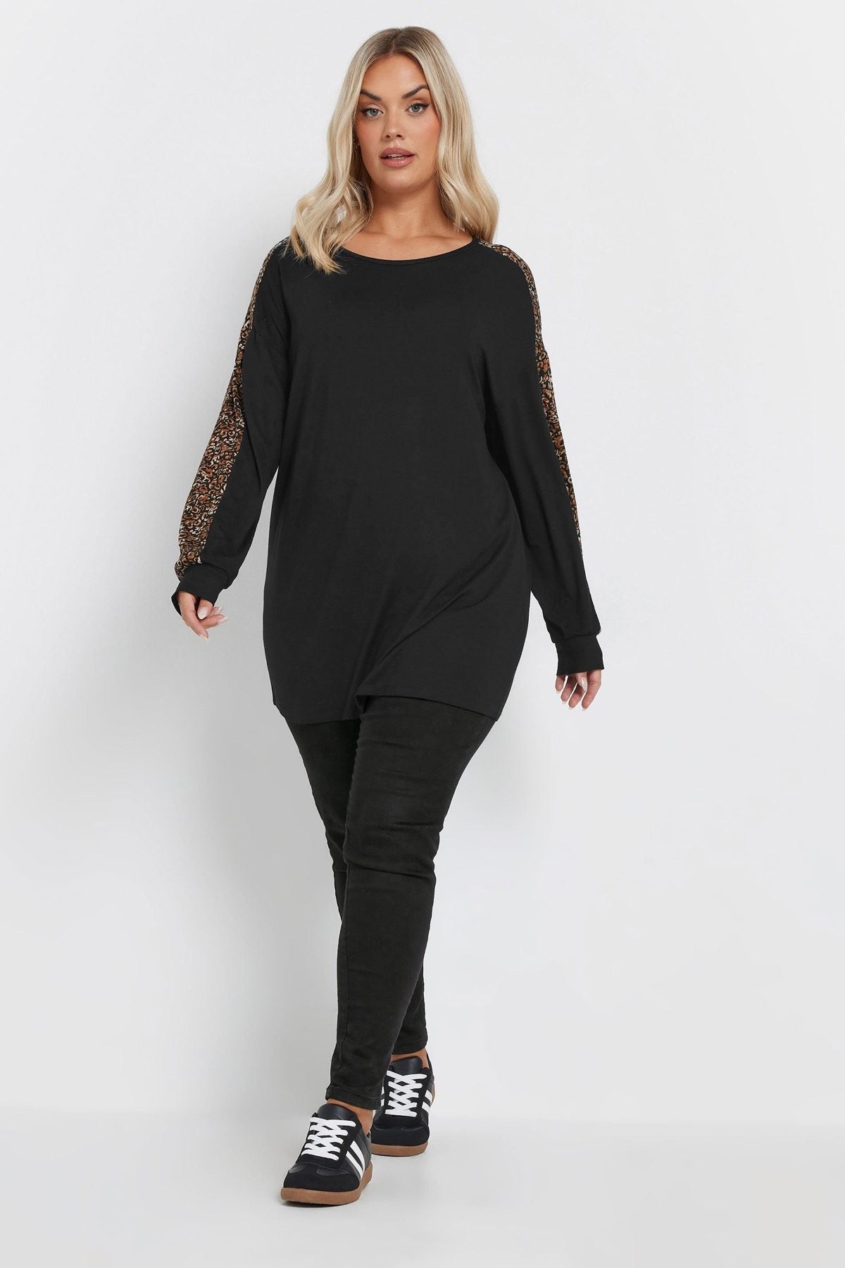 Plus Size Rundhals-Langarm-T-Shirt mit Leopardenmuster