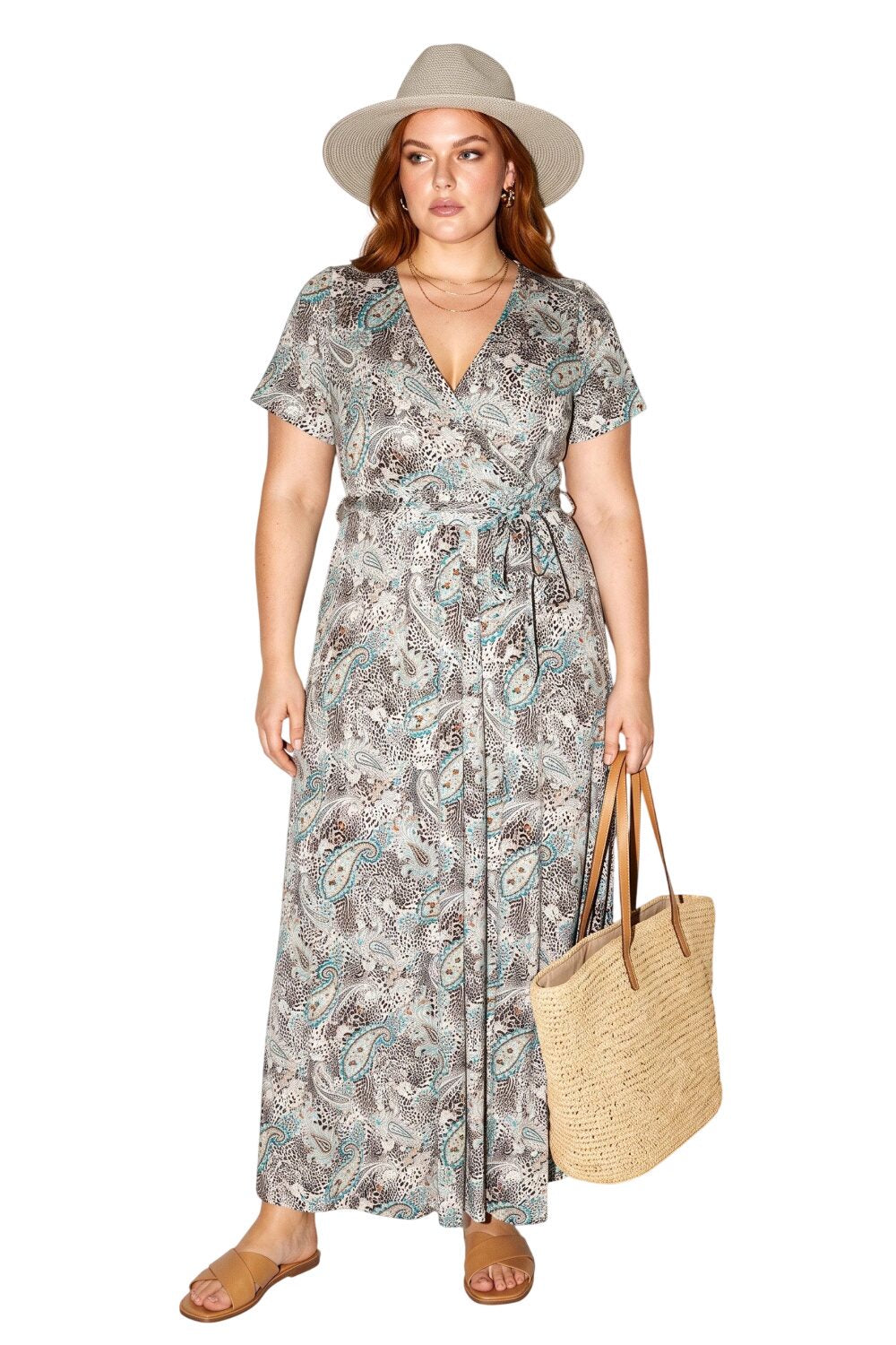 Plus Size Gemustertes V-Ausschnitt Maxikleid